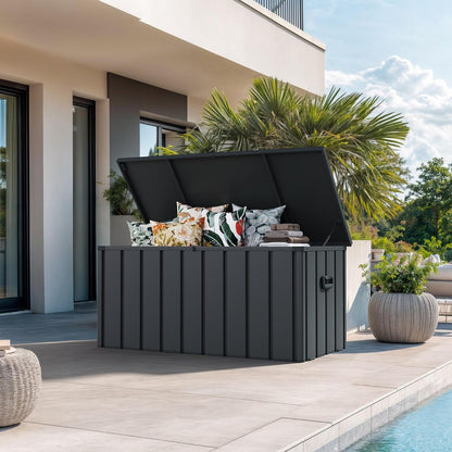 PURPLE LEAF Outdoor Deck Box 100 Gallon Waterproof Lockable Storage Box Container with Lid Deck Organization for Patio Cushions Side Table Pool Accessories Garden Tools, Gray