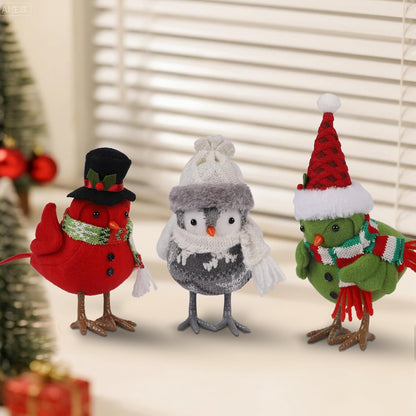 Prsildan Christmas Table Decorations Birds, Set of 3 Christmas Bird Figurine Table Top Decor, Green Red Gray Xmas Birds Ornaments for Winter Home Kitchen Fireplace Mantel Holiday Party