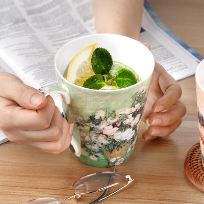 Coffee Mug Sets of 4, 12oz Bone China Porcelain Cups with Art Print Large Handle Dishwasher Microwave safe for Tea Cocoa or Hot Chocolate