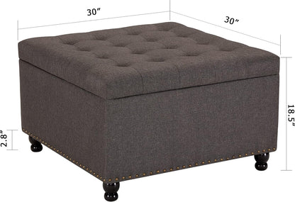 Tbfit Large Square Storage Ottoman Bench, ButtonTufted Upholstered Coffee Table Ottoman with Solid Wood Legs, Oversized Storage Ottomans Toy Box for Living Room (Light Grey)