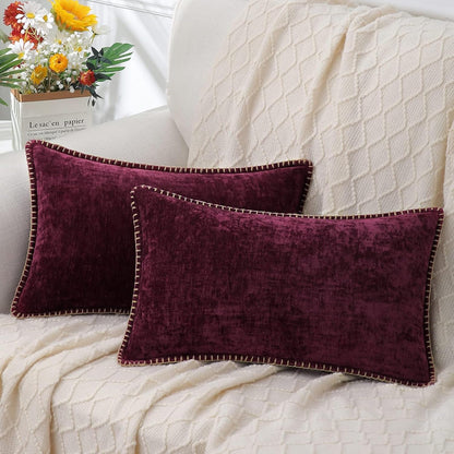 decorUhome Chenille Soft Throw Pillow Covers 12x20 Set of 2, Lumbar Velvet Farmhouse Neutral Decorative Euro Pillow Covers with Stitched Edge for Couch Sofa Bed Home Decor, Rhododendron