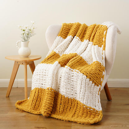 Battilo Chunky Knit Throw Blanket, Soft and Thick Chenille Throw Blanket, 50"x60" Handmade Cable Knit Crochet Blanket, Large Rope Knot Throw Blankets for Couch Sofa Bed Home Decor, Yellow & White