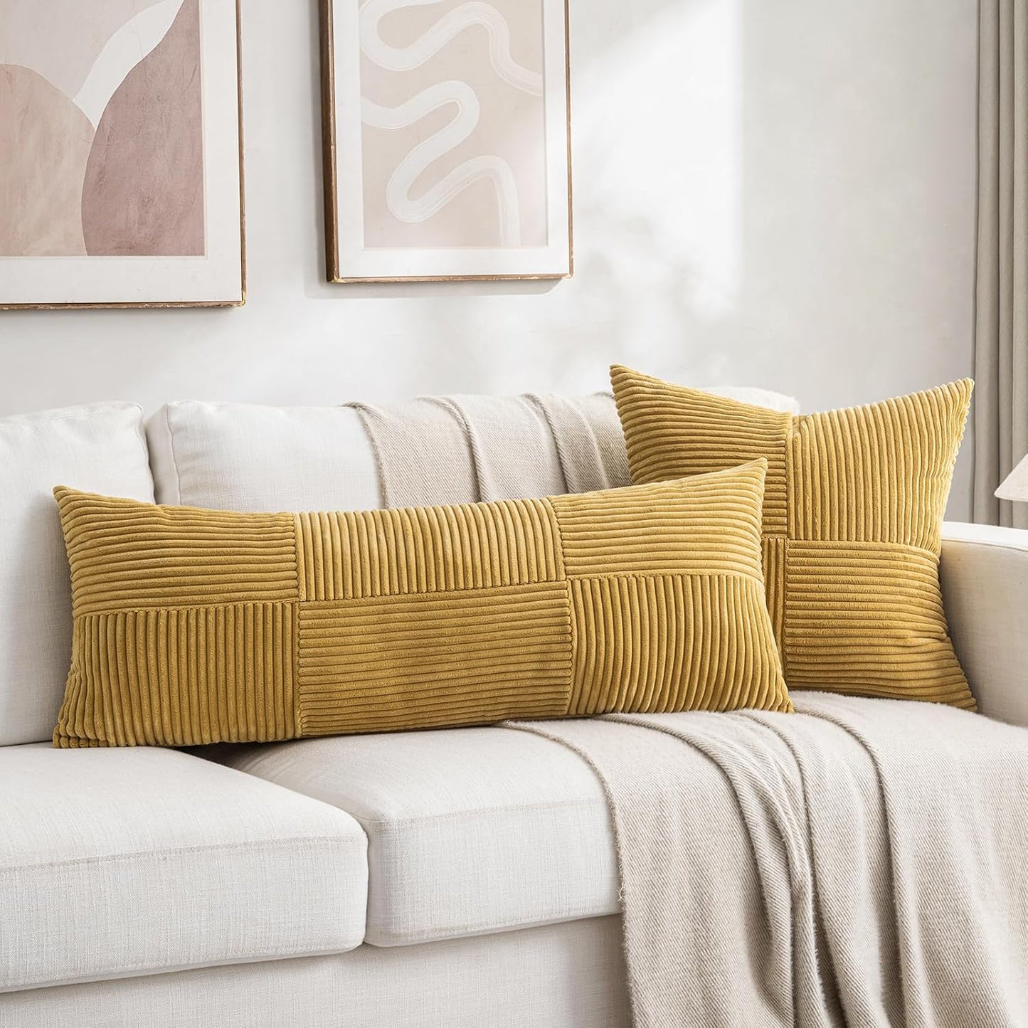 Fancy Homi 2 Packs Mustard Yellow Decorative Throw Pillow Covers 22x22 Inch for Living Room Couch Bed Sofa, Farmhouse Boho Home Decor, Soft Corss Corduroy Patchwork Accent Square Cushion Case 55x55 cm