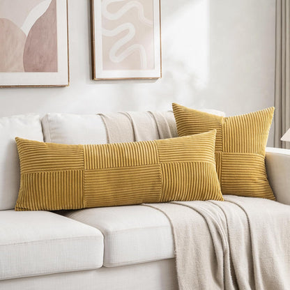 Fancy Homi 2 Packs Mustard Yellow Decorative Throw Pillow Covers 22x22 Inch for Living Room Couch Bed Sofa, Farmhouse Boho Home Decor, Soft Corss Corduroy Patchwork Accent Square Cushion Case 55x55 cm