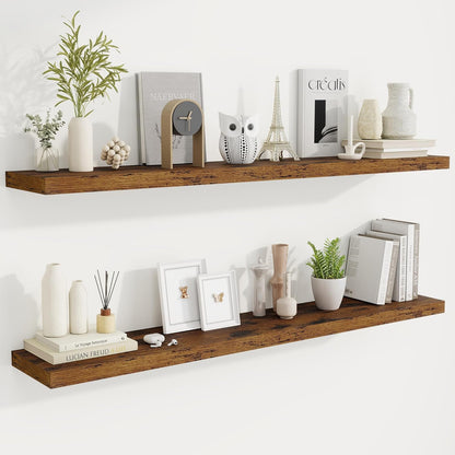 Fun Memories 55 Inch Fireplace Mantel Shelf -Long Floating Shelves, Deep Wall Mounted Farmhouse Display Shelves with Invisible Heavy Duty Metal Bracket, Brown, 2 Pack
