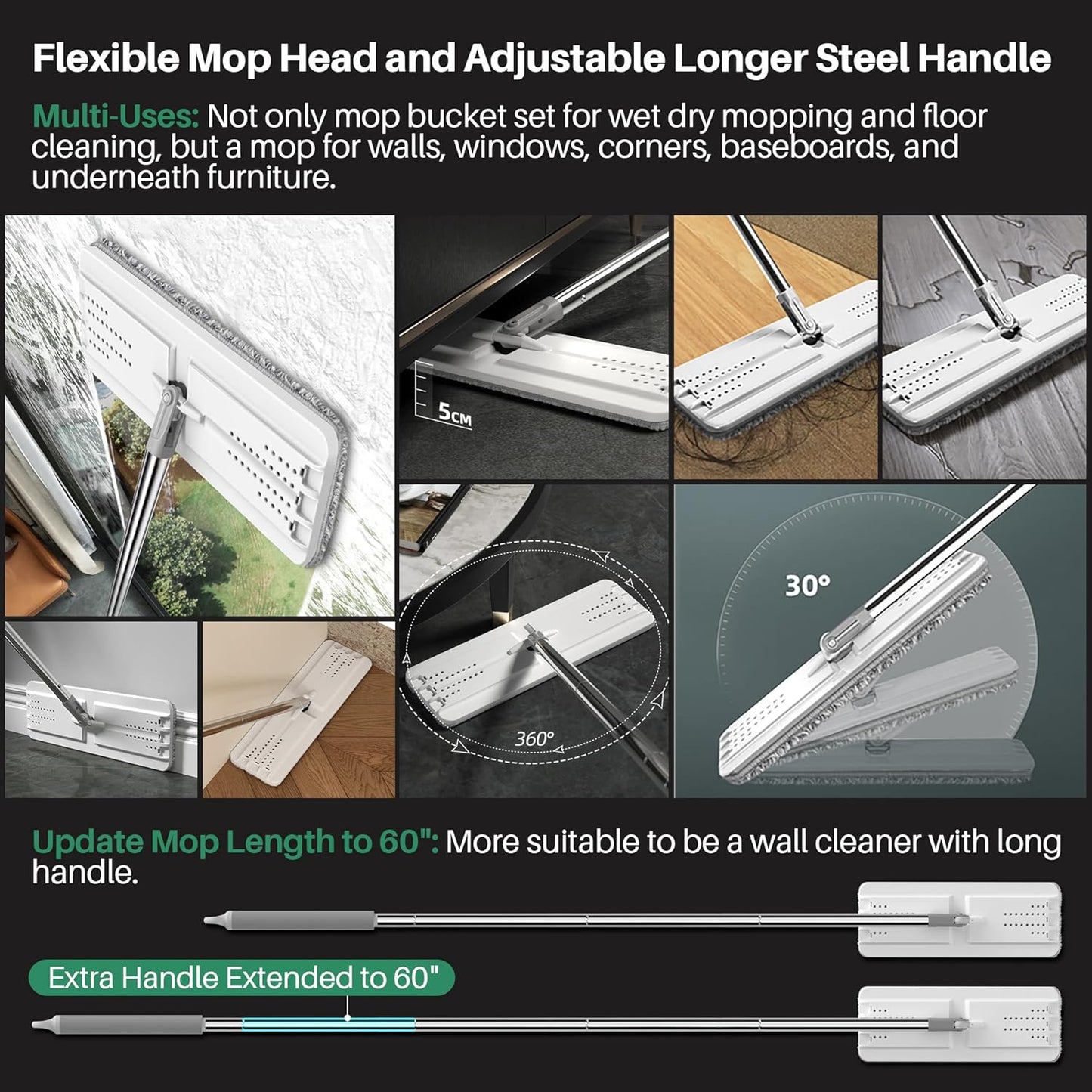 JOYMOOP Mop and Bucket with Wringer Set, Hands Free Flat Floor Mop and Bucket, 60" Mop with 4 Reusable Microfiber Pads, Wet and Dry Use, Floor Cleaning System