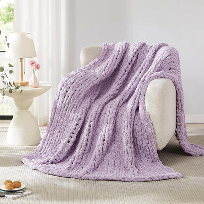 L Agusty Chunky Knit Blanket Throw: 72''x84'' Chenille Thick Knitted Throw Blanket for Bed, Couch - Handmade Large Purple Chunky Rope Blanket for Home Decor