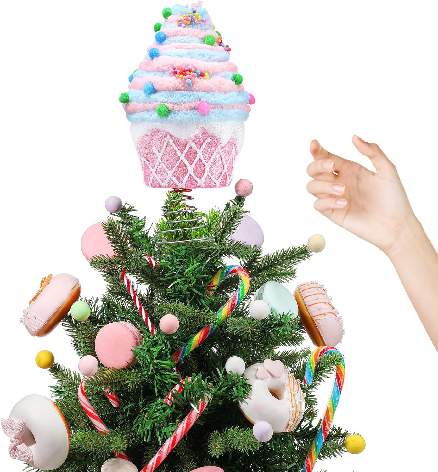 Retisee 7.9 Inch Pastel Dessert Christmas Tree Topper Pink Cupcake Tree Topper Candy Donut Christmas Tree Decoration Pastel Christmas Ornaments for Christmas New Year Birthday Party Decor