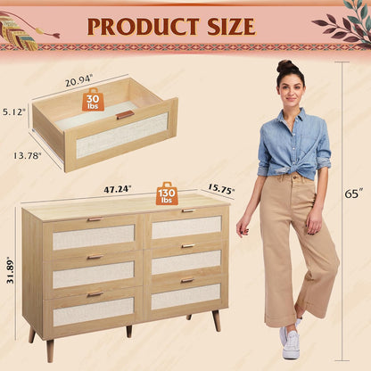 WLIVE Rattan Dresser for Bedroom, 6 Drawer 47.24'' Wide Boho Wood Dresser, Chest of Drawers, Gold Metal Handle, TV Stand for 55 inch TV, Storage Cabinet for Living Room, Hallway, Light Oak