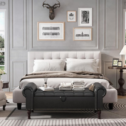 Apicizon 51”Storage Benches, Queen Size Faux Leather Bed Bench with Tufted Button, Upholstered Bench with Rolled Arm and Vintage Rivets for Foot of Bed, Living Room, Entrance，Black