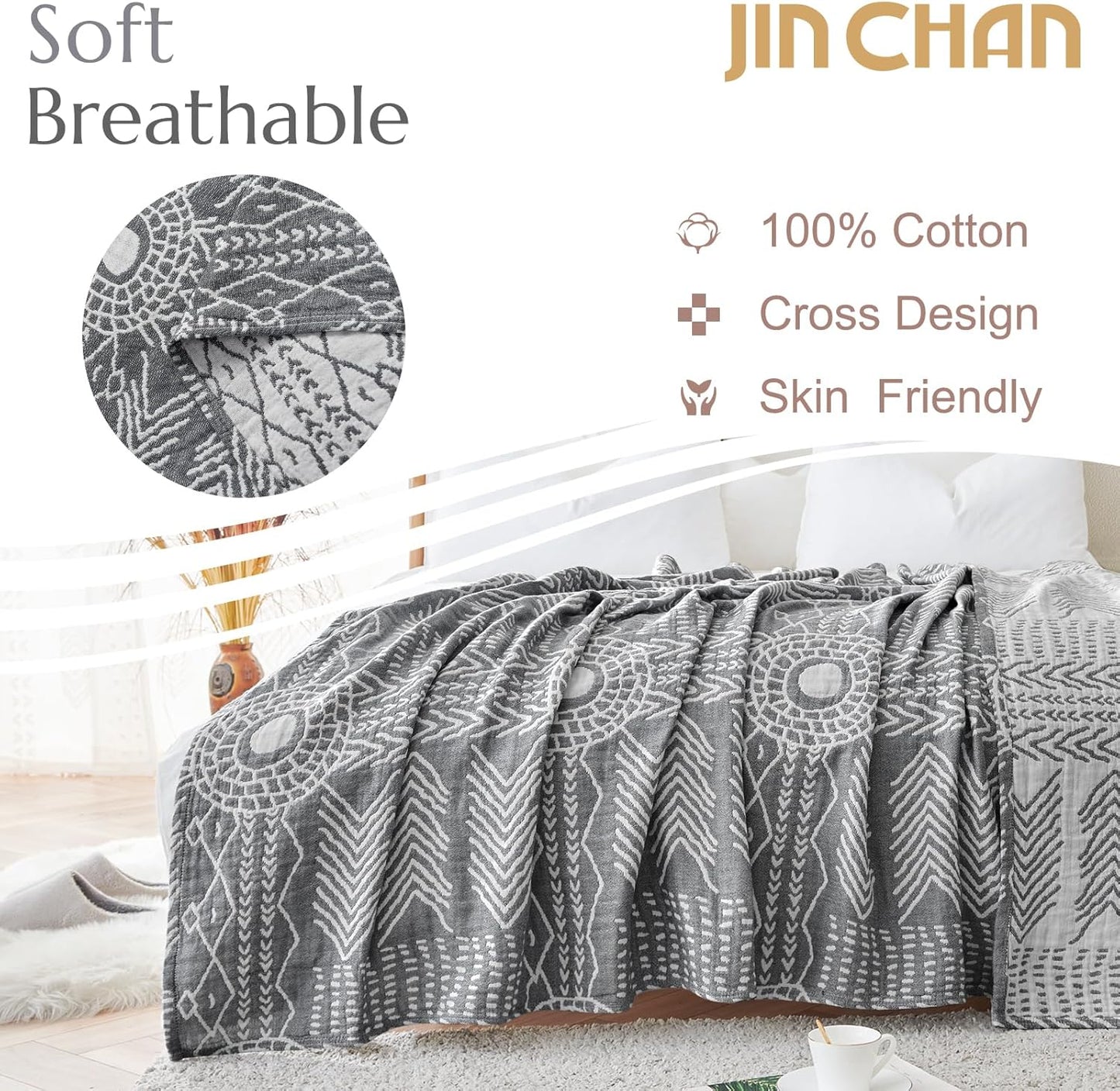 jinchan Boho 100% Cotton Muslin Blanket 3-Layer Queen Size 80x90 Inches Geometric Grey Lightweight Reversible Soft Cozy Comfy Throw for Couch Sofa Bed Large Coverlet Quilt Blanket Bedroom All Seasons