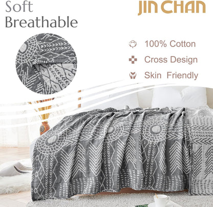 JINCHAN Boho 100% Cotton Muslin Blanket 3-Layer Twin Size Geometric Lightweight Reversible Soft Cozy Throw for Couch Sofa Bed All Season Coverlet Ideal Gift Bedroom Living Room Decor Grey 60x80 Inches