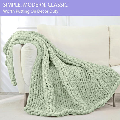 Bigacogo Chunky Knit Throw Blanket for Couch, 40x80 inches, 100% Hand Knitted with Thick Jumbo Chenille Yarn, Cozy Soft Large Rope Knot Cable Crochet Blankets for Sofa Bed Living Room, Sage Green