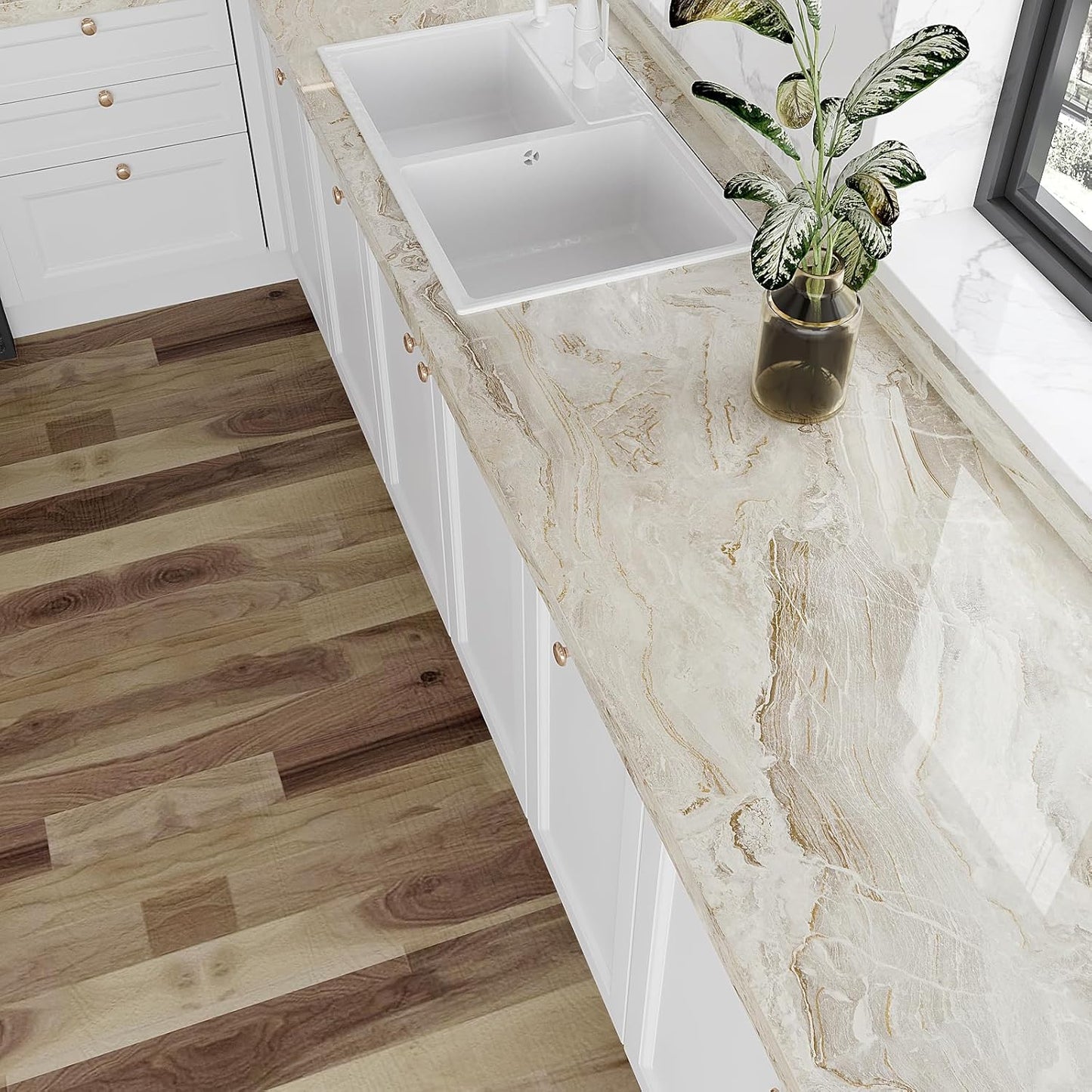 VEELIKE Glossy Beige Gold Liquid Marble Contact Paper for Countertops Waterproof Peel and Stick Countertops for Kitchen Marble Wallpaper 15.7''x354'' Self Adhesive Countertop Vinyl for Bathroom Walls