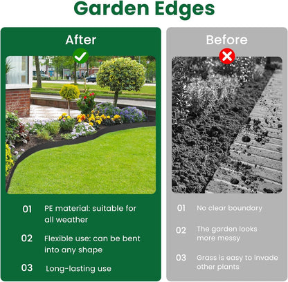 Landscape Edging, 40' 4" Tall Garden Edging with Scissors, Lawn Edging with 36 Garden Spikes and 2 Connectors, Heavy Duty PP&PE Material Edging for Landscaping, Garden, Lawn, Black