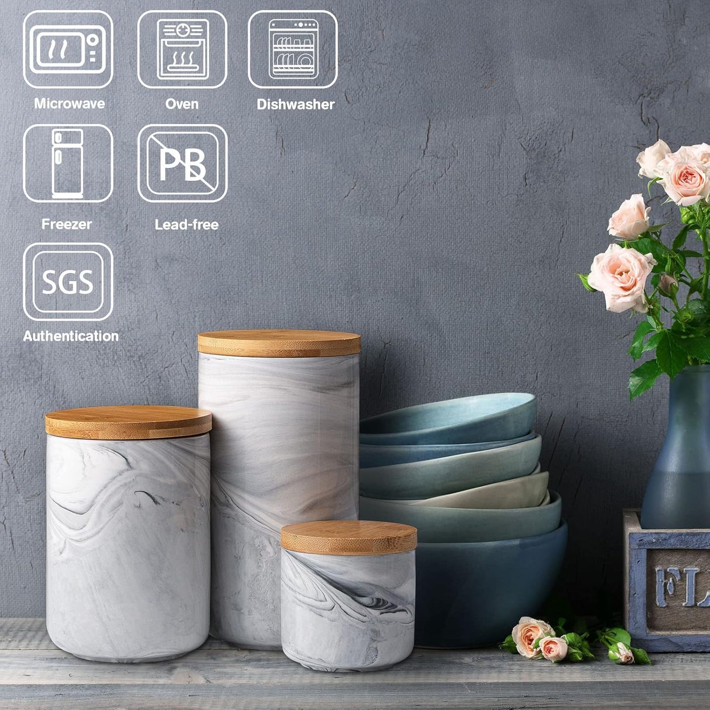 Yangbaga Coffee Canister with Airtight Lid, Ceramic Sugar Canisters Sets for the Kitchen, Food Storage Containers for Ground Coffee,Tea,Sugar,Spice