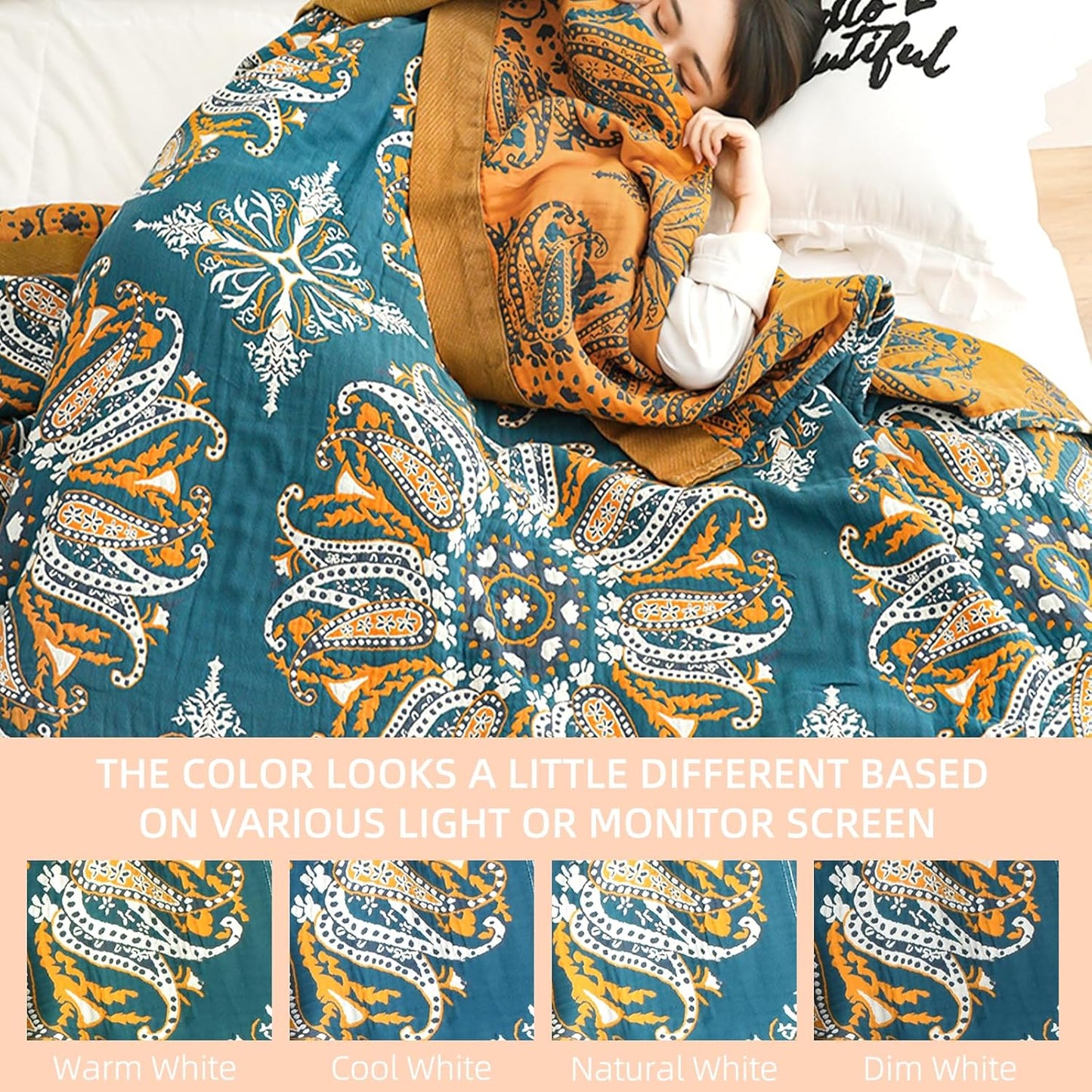 Boho Throw Blanket for Bed - 100% Pure Cotton Ultra Soft Rustic Quilt - Farmhouse Decor Bed Blankets, All Season Rustic Throw for Sofa Couch Chair(80''x 90'', Boho Floral)