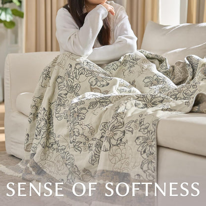 jinchan Boho Floral 100% Cotton Blanket 4-Layer Throw Blanket with Tassel Grey and White Flower Butterfly Soft Luxury Rustic Farmhouse Decor Blanket for Couch Bed 80x90 inch All Season Gift for Women