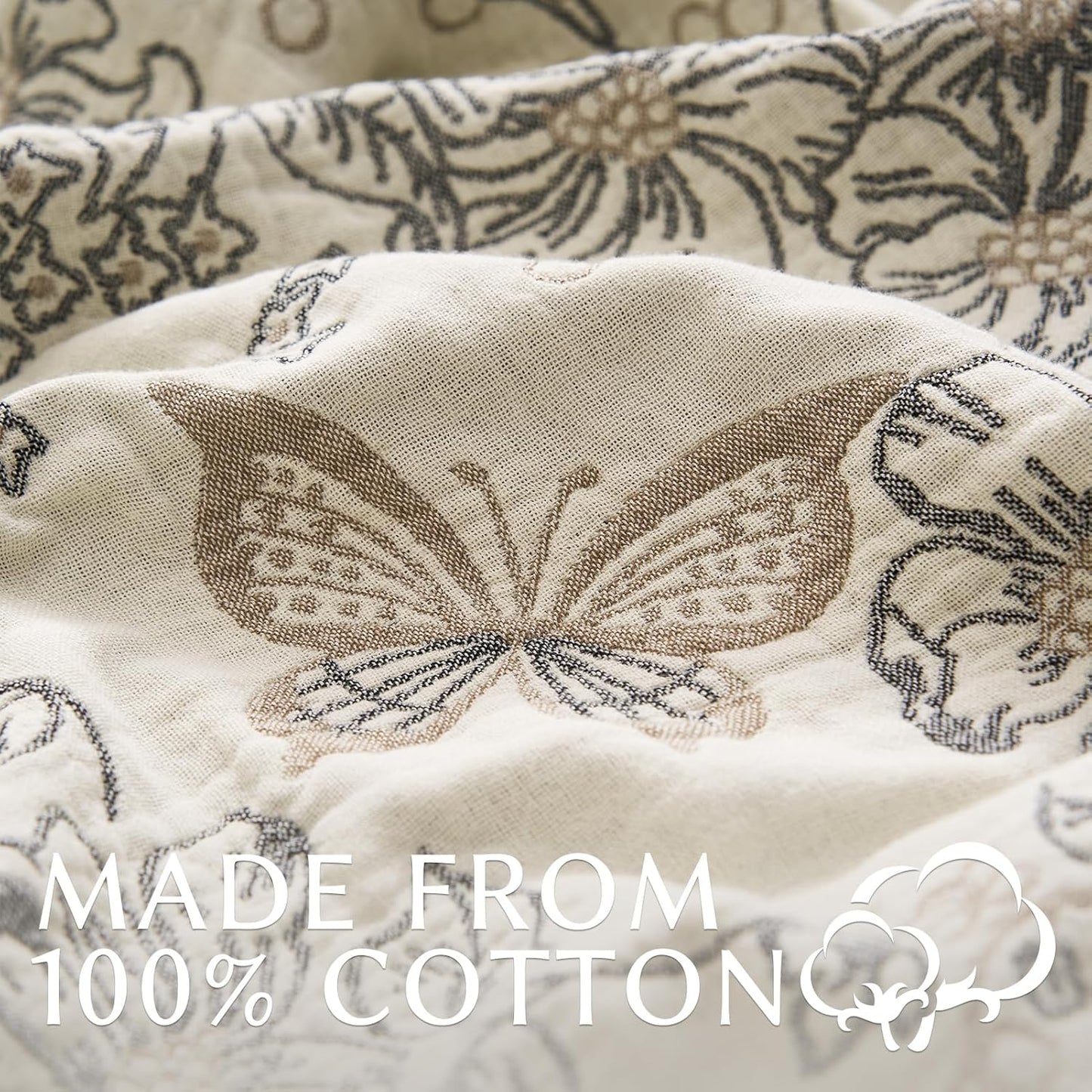 jinchan Boho Floral 100% Cotton Blanket 4-Layer Throw Blanket with Tassel Grey and White Flower Butterfly Soft Luxury Rustic Farmhouse Decor Blanket for Couch Bed 60x80 inch All Season Gift for Women
