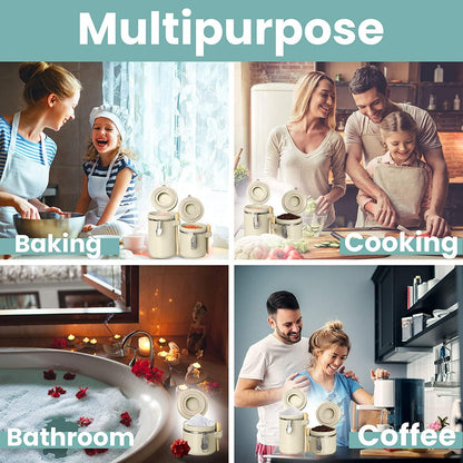 Home Intuition 4-Piece Ceramic Kitchen Canisters Set, Airtight Containers with Wooden Spoons Reusable Chalk Labels and Marker for Sugar, Coffee, Flour, Tea (Off White)