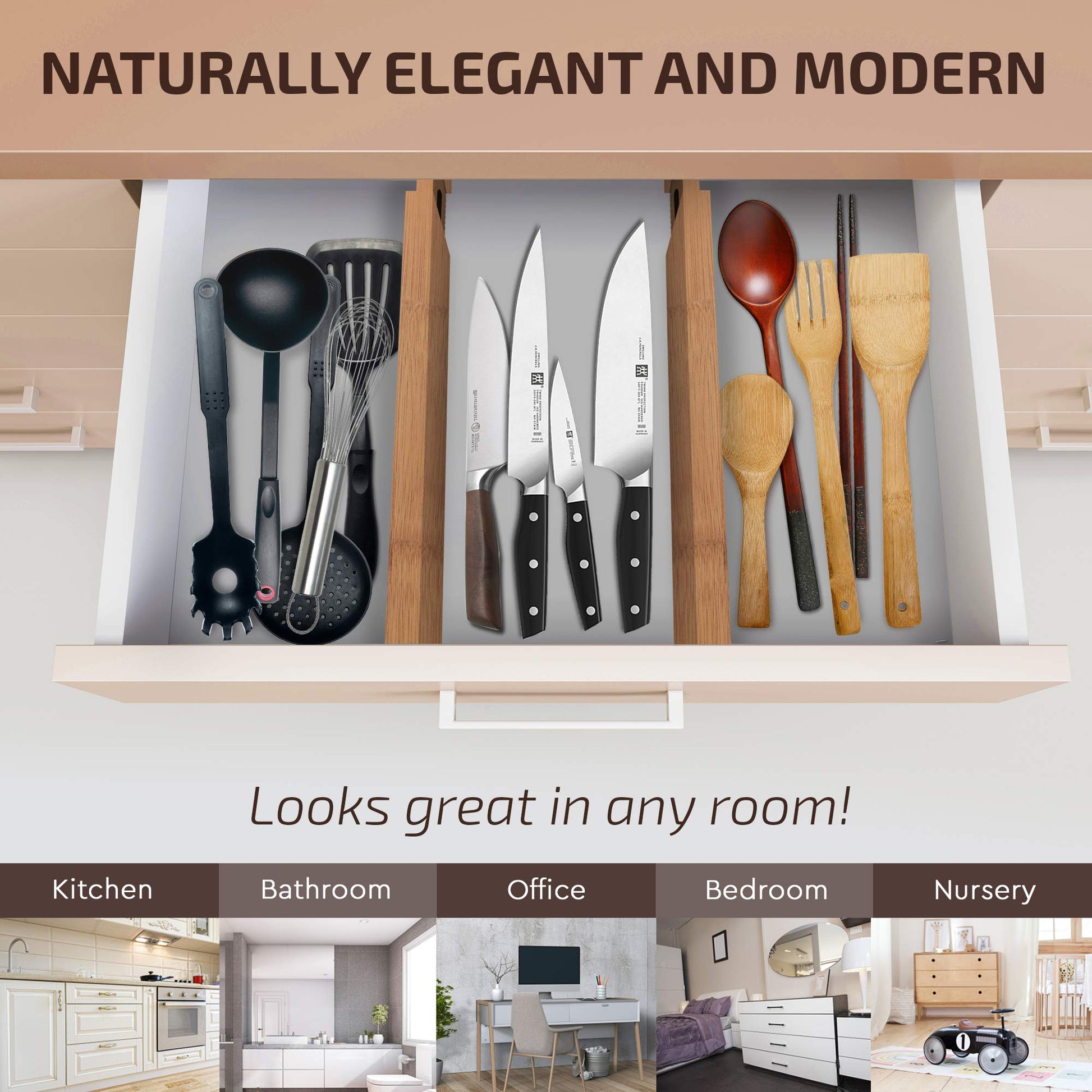 Bambüsi 4-Pack Drawer Divider - 2.6" High, 16" to 22" Adjustable Bamboo Drawer Organizers for