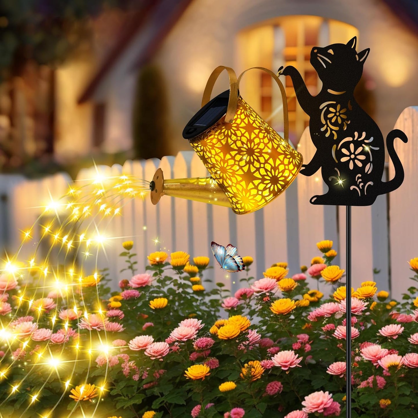 Solar Lights Outdoor Decorative, Watering Can with Cascading Lights, with Cat Silhouette Garden Stakes, Waterproof Metal Garden Decor for Yard Art, Outside, Patio, Lawn Ornaments