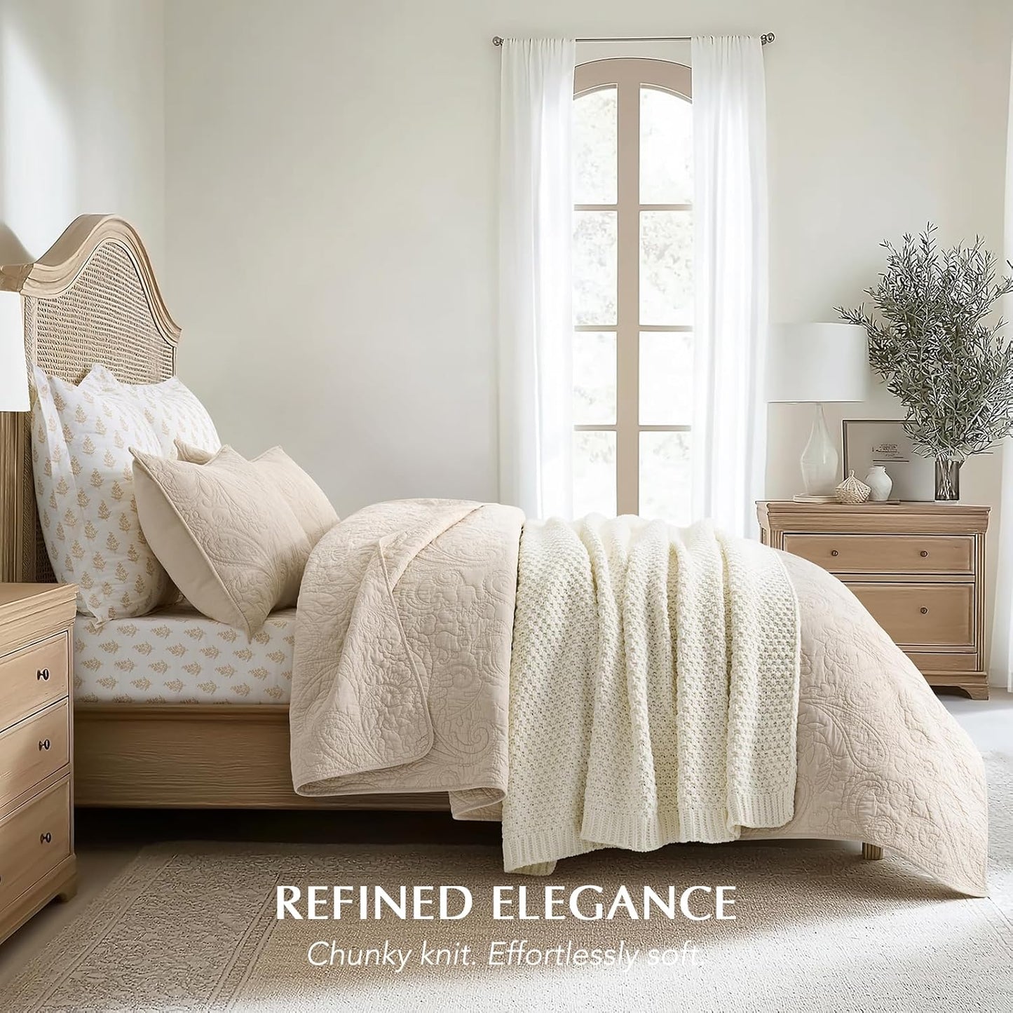 Chunky Chenille Knit Throw Blanket for Couch, Soft Luxurious Moss Stitch Blankets for Bed, Cozy Decorative Farmhouse Knitted Throws for Sofa, Ivory White, 60" x 80"