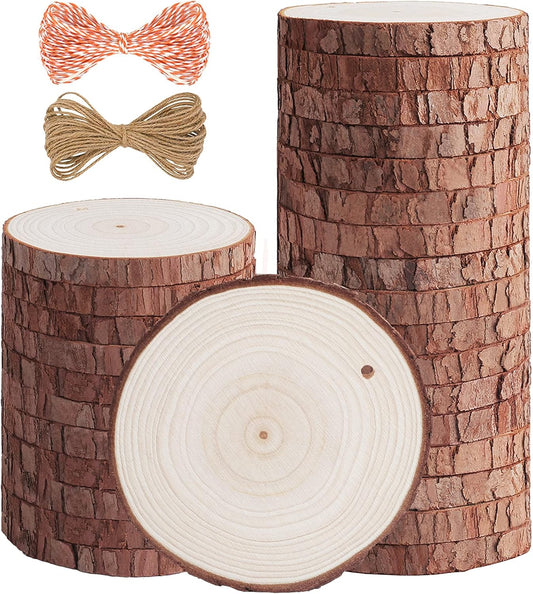 5ARTH Natural Wood Slices - 30 Pcs 3.1-3.5 inches Craft Unfinished Wood kit Predrilled with Hole Wooden Circles for Arts Wood Slices Christmas Ornaments DIY Crafts