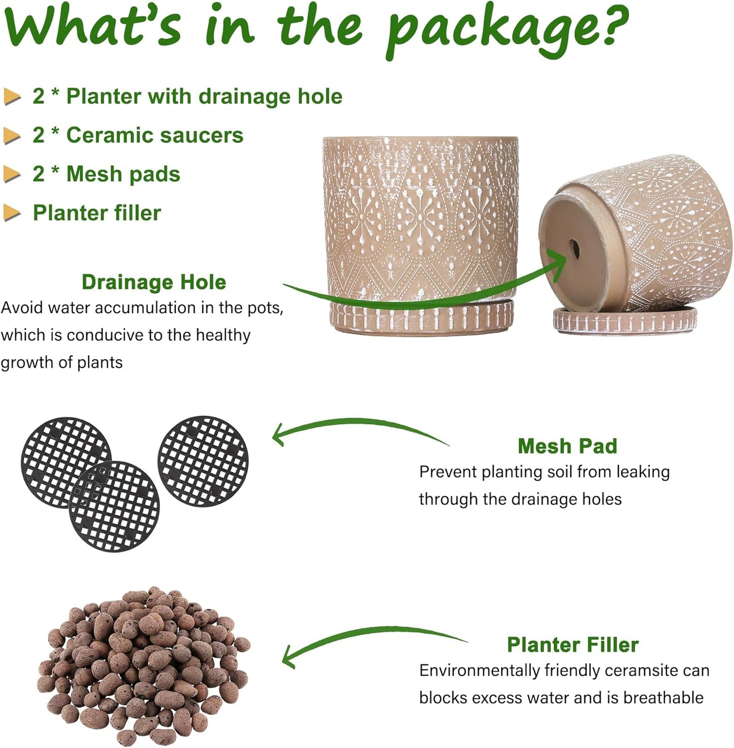 8 Inch + 6 Inch Plant Pot with Drainage Holes and Saucers, Indoor Ceramic Planter for Plants Succulent Orchid Flower Pots