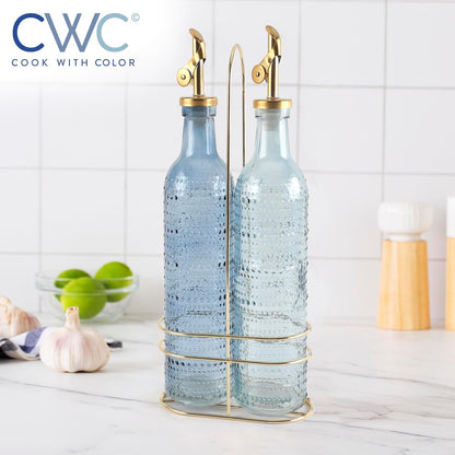 COOK WITH COLOR Glass Olive Oil Bottle Dispenser - 2 Pack- 17oz Oil and Vinegar Cruet - Olive Oil Carafe Decanter for Kitchen