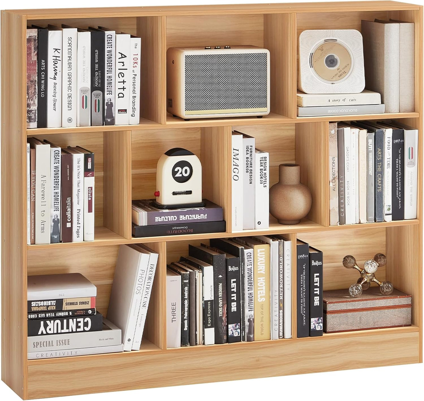 LEYAOYAO 10 Cube Bookshelf with Base,3 Tier Mid-Century Modern Grey Bookcase,Standing Wide Bookshelves Storage Organizer Shelf,Rustic Wood Display Cabinet Book Shelves for Bedroom,Living Room,Office