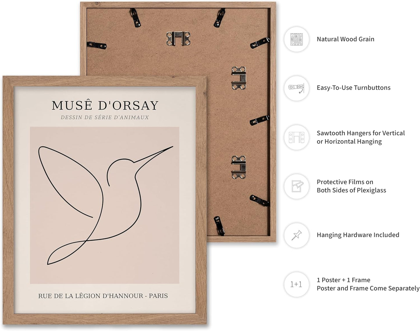 Poster Master Vintage Poster - Retro One Line Hummingbird Drawing Print - Bird Line Art - Minimal Gift for Him, Her, Animal Lover - Abstract Decor for Home, Office, 8x10 Beige Framed