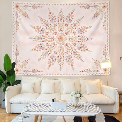 Fowocu Boho Floral Mandala Tapestry for Bedroom Aesthetic Pink Bohemian Flower Wall Tapestry Watercolor Hippie Indian Tapestries Wall Hanging for Living Room Dorm Decor 60 x 44 Inch
