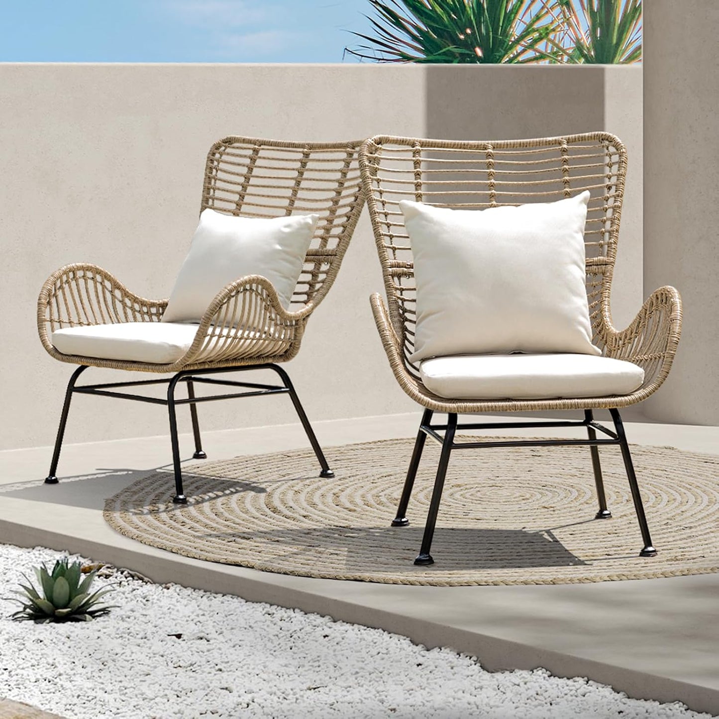 IDZO Isabelle Wicker Chairs Set of 2, 2000 Hours UV Wicker Rattan Chair, 500lbs Capacity Boho Patio Chairs with Thick Olefin Cushions and Pillows for, Indoor Use