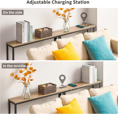ELYKEN 5.9" Narrow Console Sofa Table with Power Outlets, 5.9" Dx39.4 Wx31.1 H Long Couch Table with Metal Frame and Charge Station with 6.5’ Extension Cord, White Oak