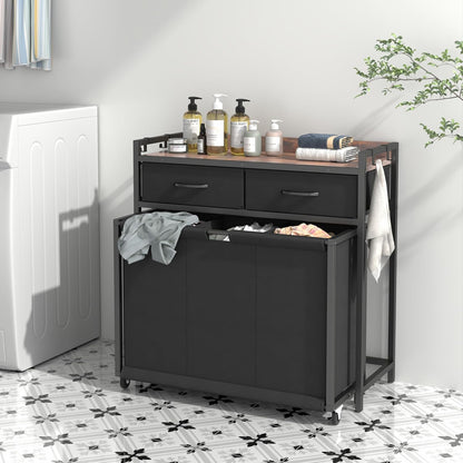 Laundry Hamper Laundry Basket with 3 Section Pull-Out Rolling Bags, Laundry Sorter for Organization and Storage with 2 Pull-Out Drawers for Laundry Room, Bathroom, Bedroom Use (Rustic Brown)