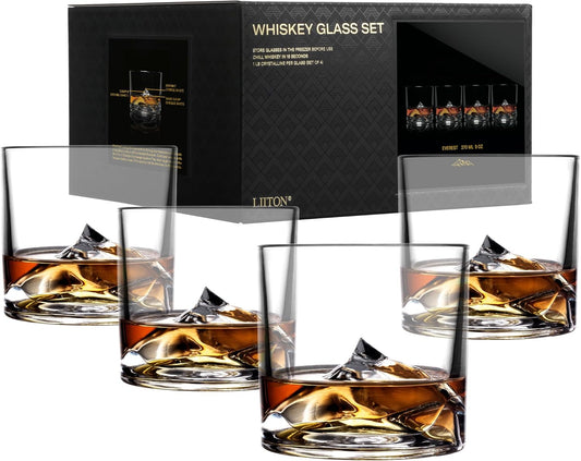 Mount Everest Heavy Crystal Whiskey Glasses Gift Set of 4, Thick Freezable Bourbon Glass 1lb Each