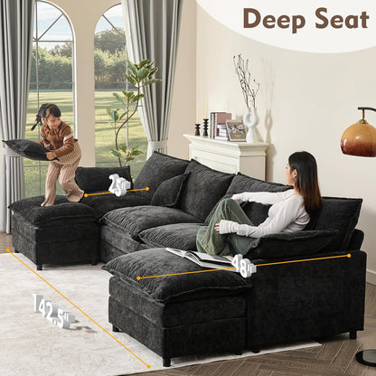 142.5" U Shaped Couch, Modular Sectional Sofa, 3-Seater Comfy Cloud Couch with Movable Ottoman, Deep Seat Couches for Living Room, Chenille, Black