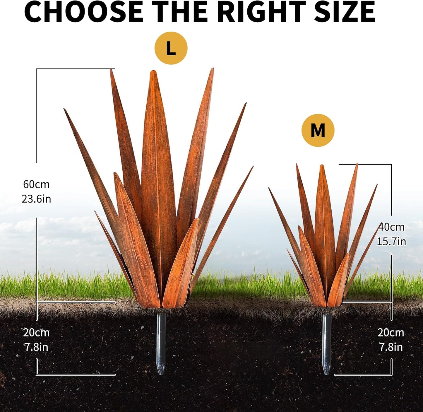 Metal Agave Plants, Tequila Rustic Sculpture, Metal Yard Art, Outdoor Lawn Ornaments Yard Stakes (Rusty- L)