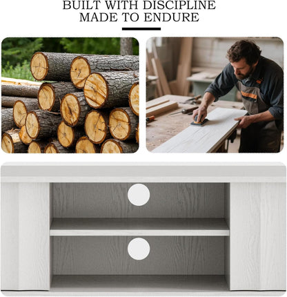 White Mid Century Modern TV Stand, Wood Fluted Living Room TV Stands with Storage Sliding Doors, Desert-Inspired Design MCM Entertainment Center for 55 60 65 70 75 55+ 60+ 65+ 70+ Inch