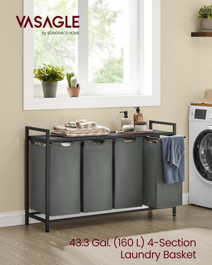 VASAGLE Laundry Hamper, Laundry Basket, Laundry Sorter with 4 Pull-Out and Removable Bags, Shelf