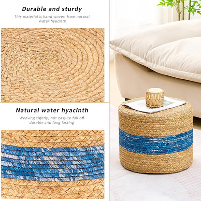 Handwoven Water Hyacinth Ottoman Pouf, Round Outdoor Footstool with Sturdy Frame, No Assembly Needed, Boho Accent Stool for Indoor & Outdoor Use – Patio, Balcony, Living Room (Blue)