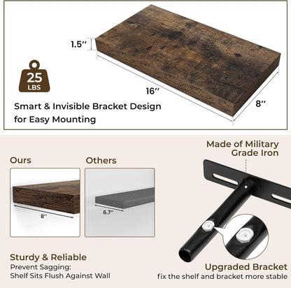 RICHFOCUS 16Inch Floating Shelves for Wall 2 Pack Shelves for Bedroom|Kitchen|Bathroom Wall Mounted Rustic Wood Floating Shelf with Invisible Brackets for Books|Storage|Decor, Rustic Brown