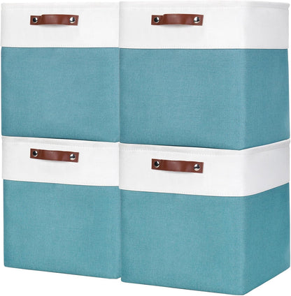 13x13 Cube Storage Bins, Collapsible Fabric Storage Box, 4 Pack Closet Baskets with Handles for Organizing, Shelf, Toys, Clothes, Home, Office, Nursery (Teal&White)