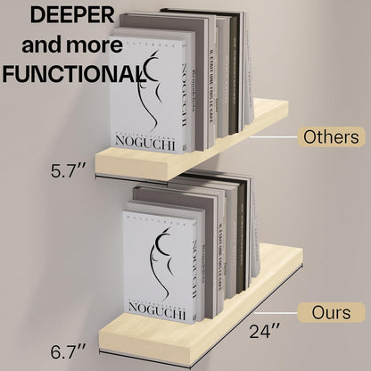 BGMG Wood Floating Shelves 24 inch, Wide Rustic Wooden Wall Shelves for Bathroom Living Room Bedroom Kitchen Farmhouse Set of 2-24x 6.7 x1.25 inch- DIY-Unfinished