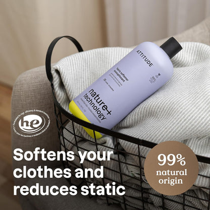 ATTITUDE Liquid Fabric Softener, Natural Origin Ingredients, For White and Colored Clothing, Deodorizes, Gentle on Delicate skin, Infused With Essential Oils, Geranium & Lemongrass, 38 Loads, 32 Fl Oz