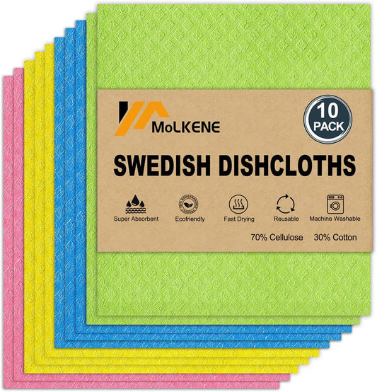 Swedish Dishcloths for Kitchen | 10 Pack Cellulose Sponge Dish Cloths Washable | Non-Scratch