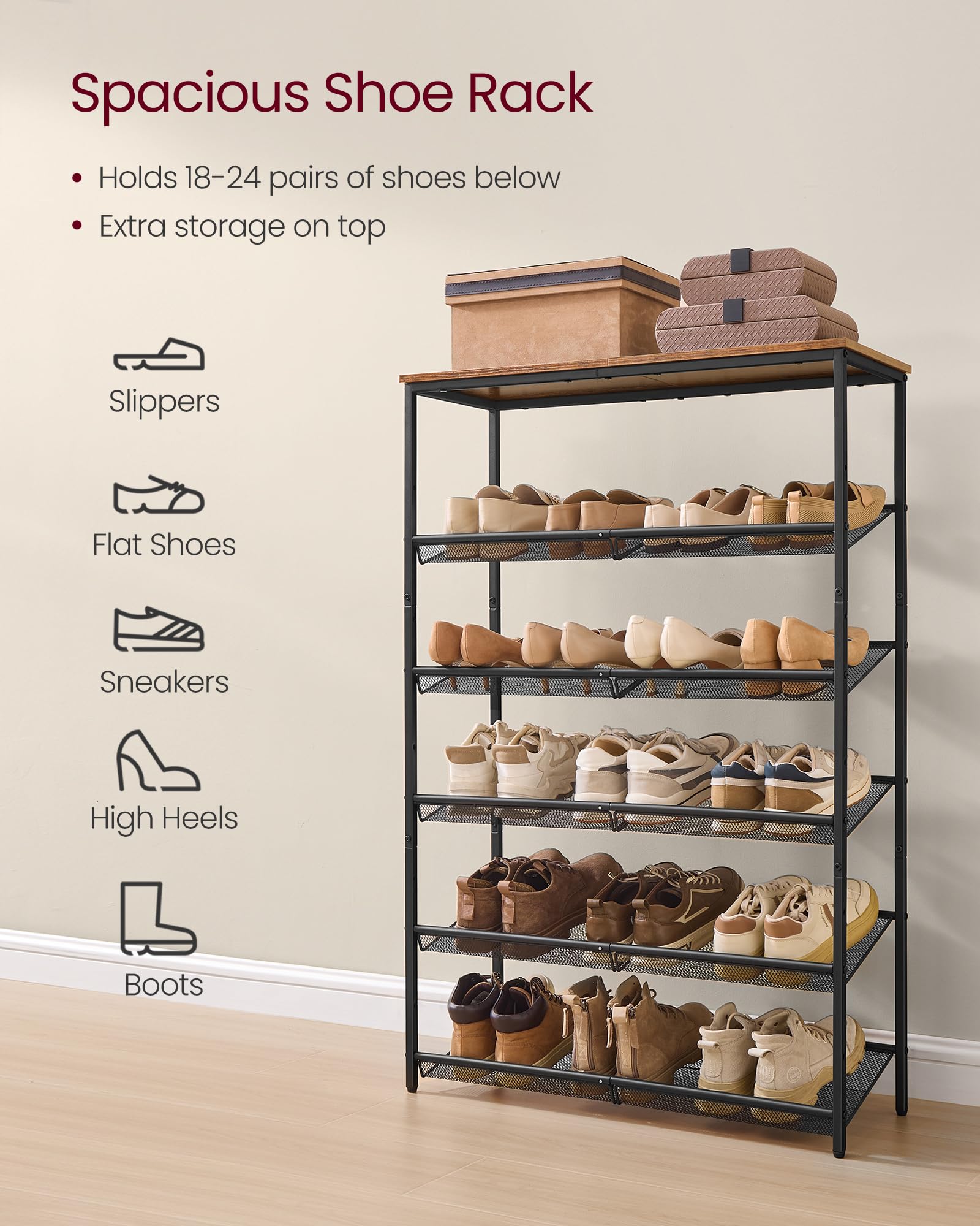 VASAGLE Shoe Rack for Entryway, Freestanding, Adjustable, Industrial