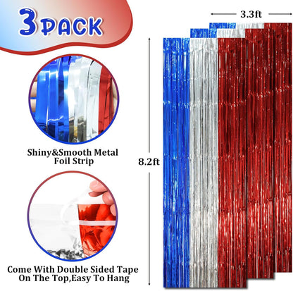 3 Pack 3.3 x 8.2 ft Blue Red Silver Foil Fringe Backdrop Curtains, Tinsel Streamers Party Decorations, Fringe Backdrop, Door Shimmer for Independence Day or Birthday Party