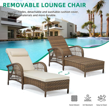 VIVIJASON Outdoor Wicker Chaise Lounge Chair Set of 2, All-Weather PE Rattan Cushioned Patio Lounger Chairs, 6-Position Adjustable Outside Pool Sunbathing Recliner with Armrest & Pillow, Beige